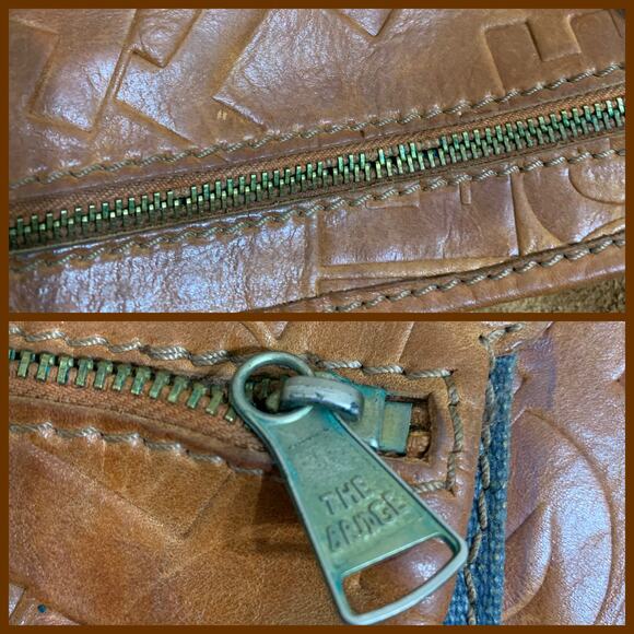 THE BRIDGE Brown Logo-Embossed Leather Vintage Saddle Messenger Bag w/Denim Trim - Picture 5 of 16